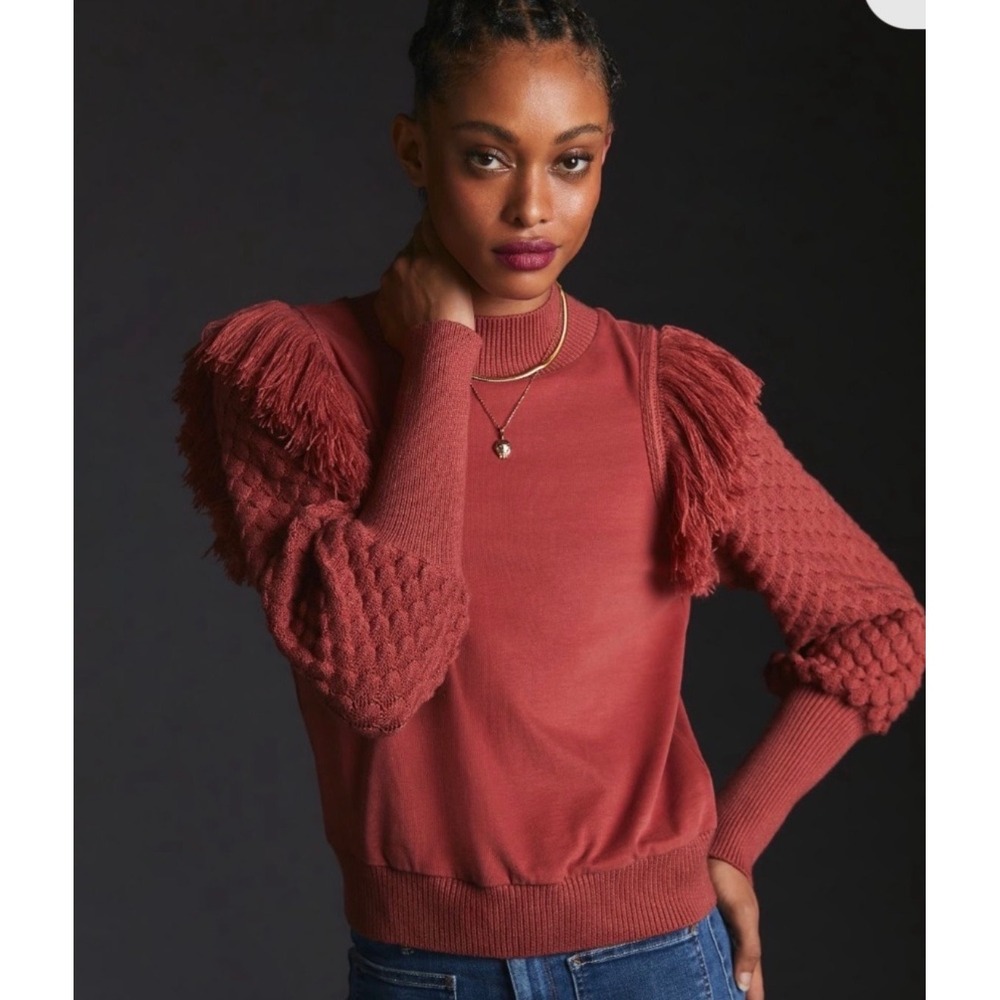Dolan Left Coast Anthropologie Rust Fringe Sweater XS | Puff Sleeve Fall Top - Picture 3 of 10
